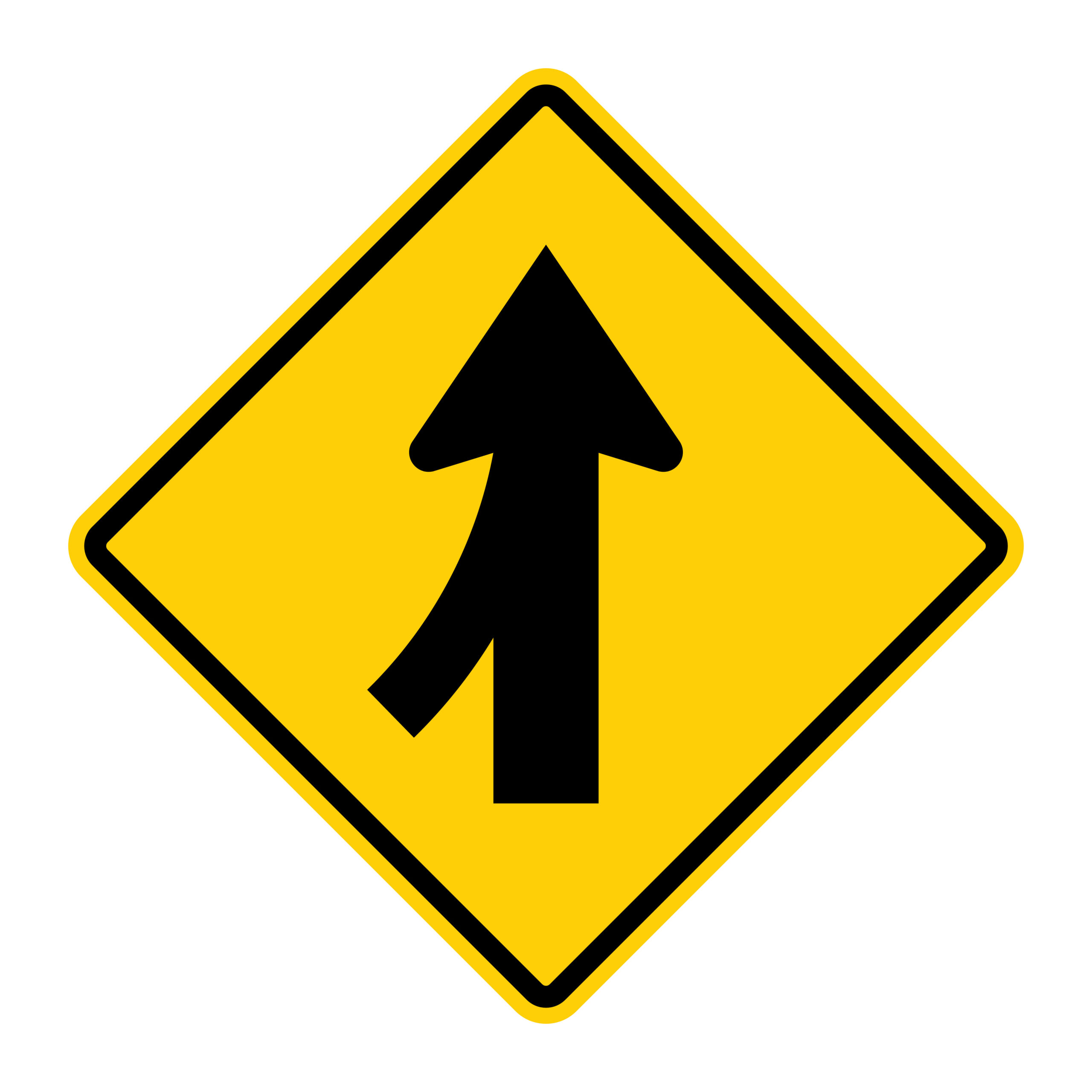 American road sign showing road merging ahead.