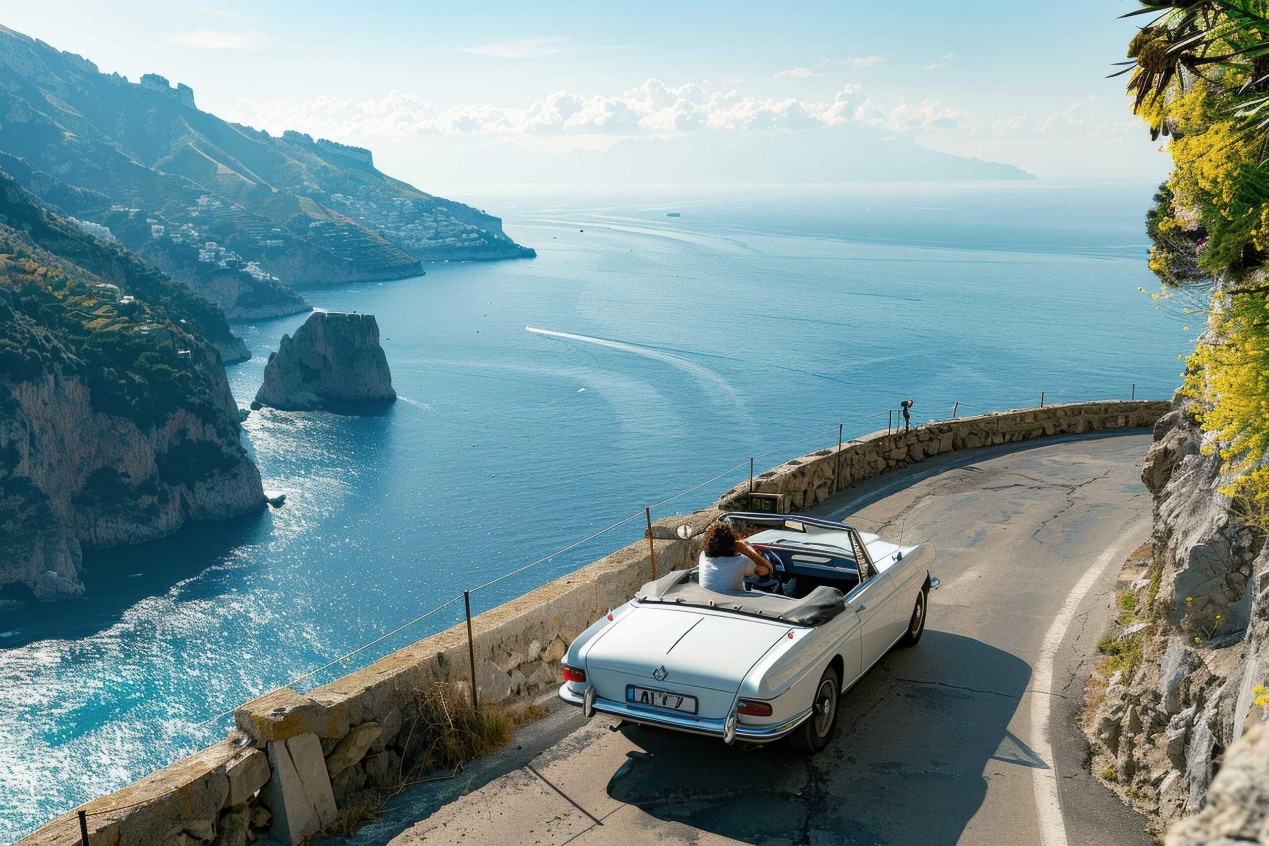 Car driving along the scenic Amalfi Coast with sea in the background, in order to show why car rental excess insurance is a necessity.